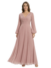 Elegant Pleated Mother of the Bride Gown V-Neck Bishop Sleeve Flowy Chiffon Maxi Dress