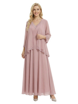 Modest V-Neck Chiffon Mother of the Bride Dress with Lace Trimmed Jacket