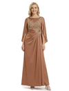 Stunning Scoop Lace Satin Long Mother of the Bride Dresses With Sleeve