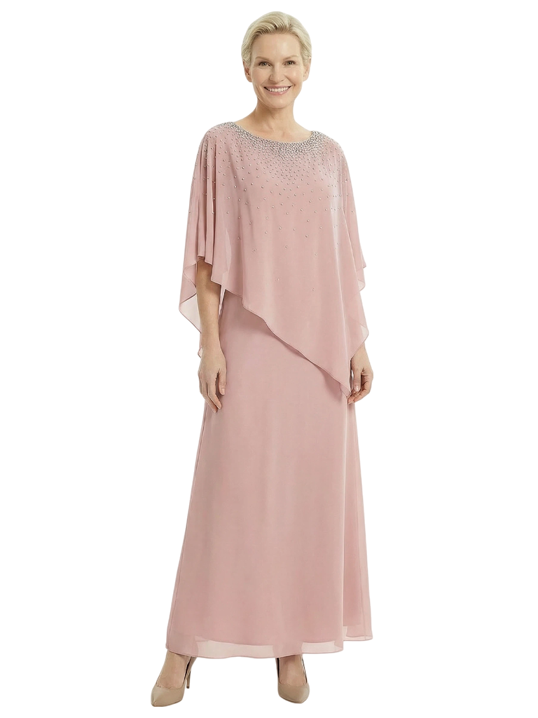 Classy Beaded Chiffon Overlay Poncho Style Mother of the Bride Gown