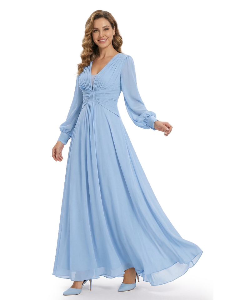 Long Sleeve Chiffon Mother of the Bride Dresses V-Neck Ruched A-Line Floor Length Formal