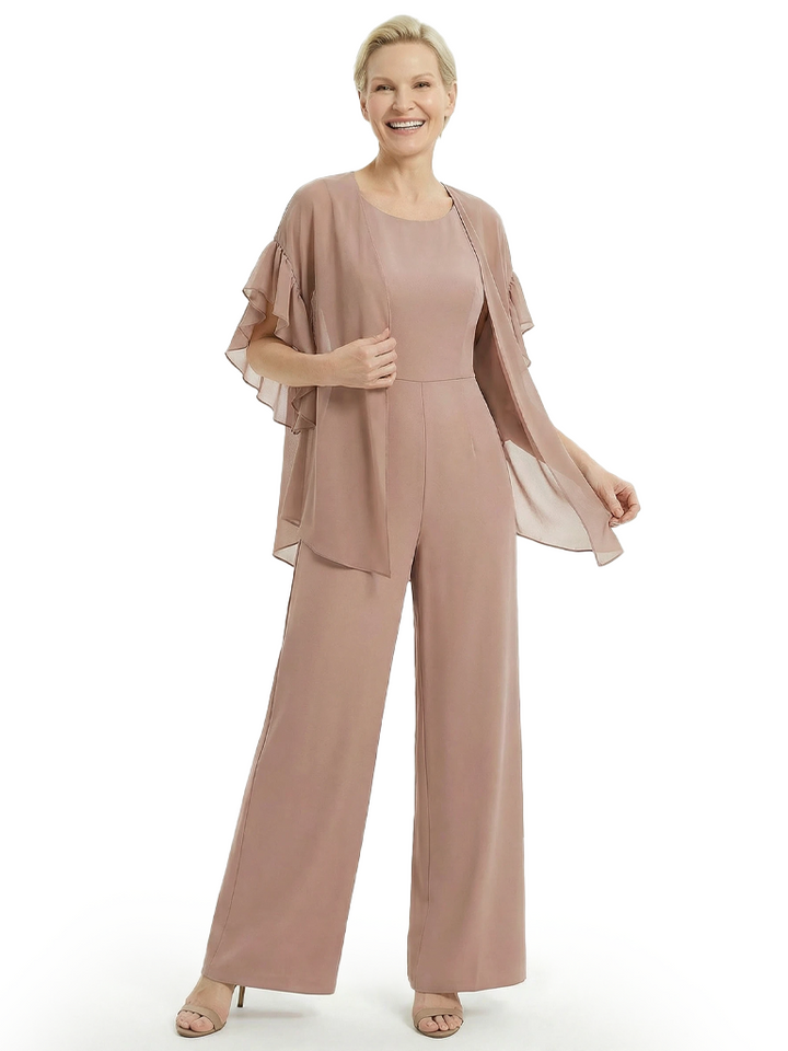 Modern Mother of the Bride Jumpsuit with Chiffon Jacket Ruffle Sleeve Formal Party