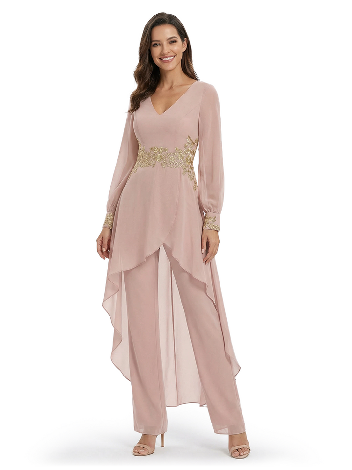 Beautiful Long Sleeves V-Neck Lace Chiffon Jumpsuit For Mother of the Bride
