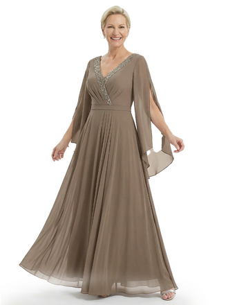Modern V-Neck Mother of the Bride Dresses A-Line Chiffon Pleated Floor Length Formal