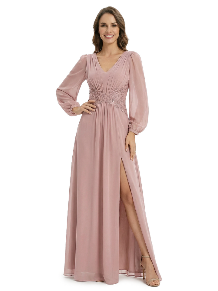 Classy V-Neck Mother of the Groom Dress Long Sleeve Chiffon Maxi Gown With Slit