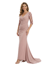 Trendy V-Neck Mother of the Bride Dress With Lace Long Sleeves