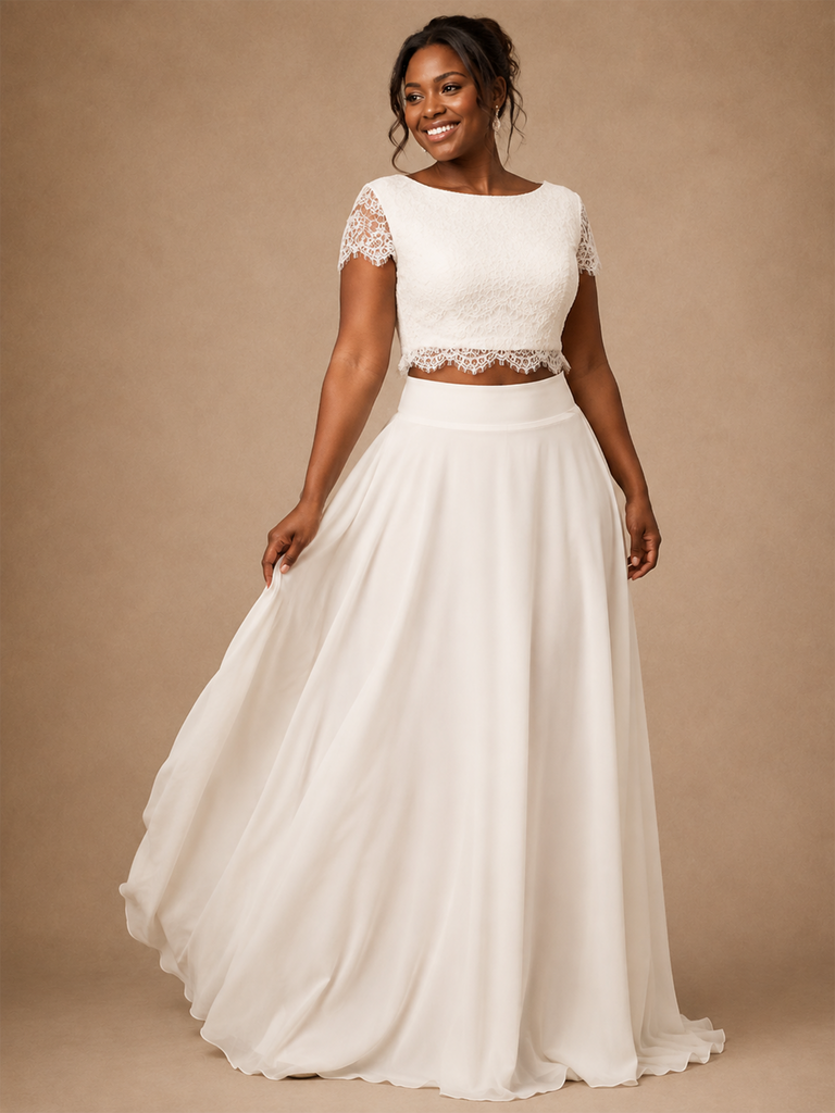 ChicSew Elegant Two Piece A-Line Bateau Short Sleeves Lace Chiffon Maxi Wedding Dress