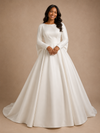 ChicSew Modern Classy A-Line Satin Long Sleeves Floor-Length Wedding Dress With Bow Knot