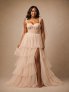 ChicSew Beautiful Spaghetti Straps Side Slit Tiered A-Line Lace Tulle Maxi Long Wedding Dress