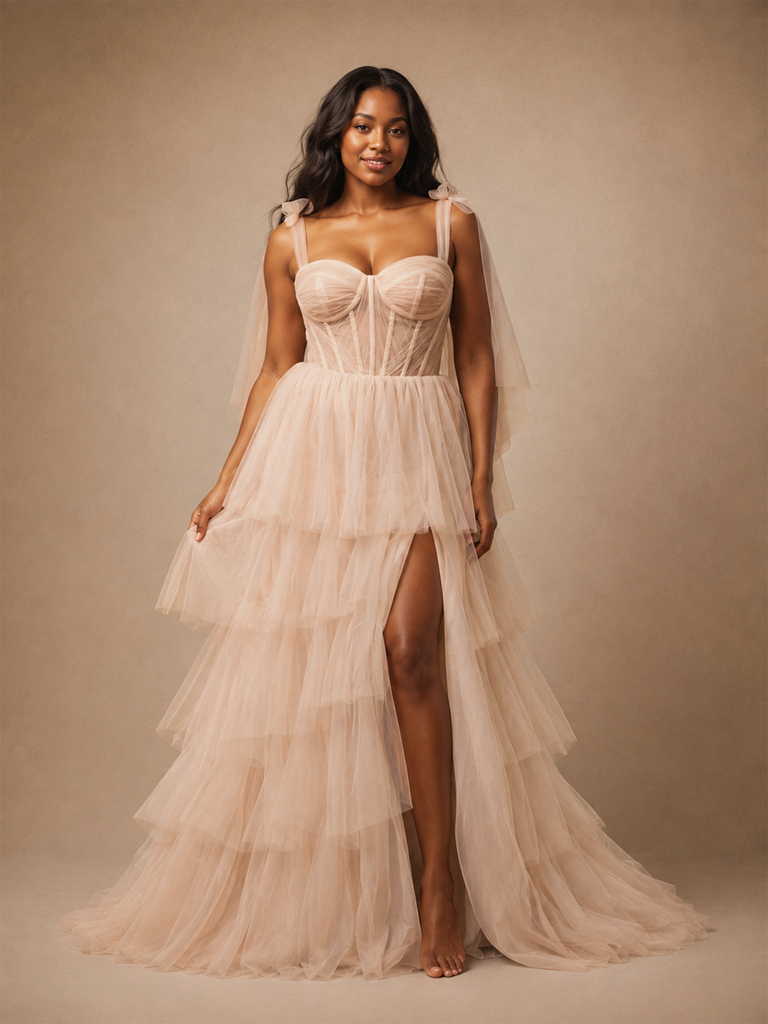 ChicSew Beautiful Spaghetti Straps Side Slit Tiered A-Line Lace Tulle Maxi Long Wedding Dress