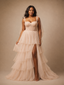 ChicSew Beautiful Spaghetti Straps Side Slit Tiered A-Line Lace Tulle Maxi Long Wedding Dress