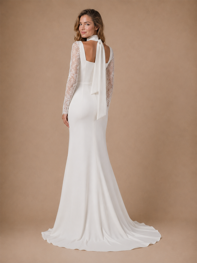 ChicSew Elegant Unique Square Neck Crepe Mermaid Lace Applique Long Sleeves Side Slit Maxi Long Wedding Dresses