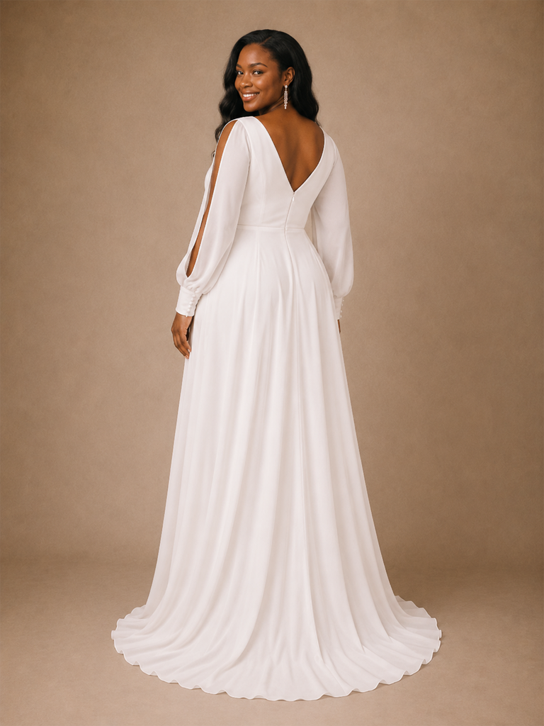ChicSew Fancy V-Neck A-Line Cold Shoulder Long Sleeves Chiffon Floor-Length Wedding Dress With Side Slit