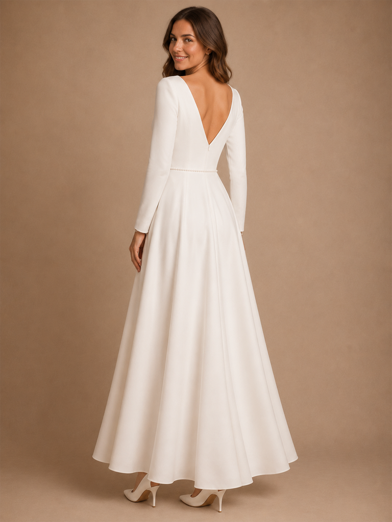 ChicSew Modern V-Neck Long Sleeves Beading Crepe A-Line Floor-Length Wedding Dress