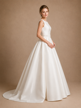 ChicSew Modern Jewel Sleeveless A-Line Satin Floor-Length Wedding Dresses With Lace Appliques