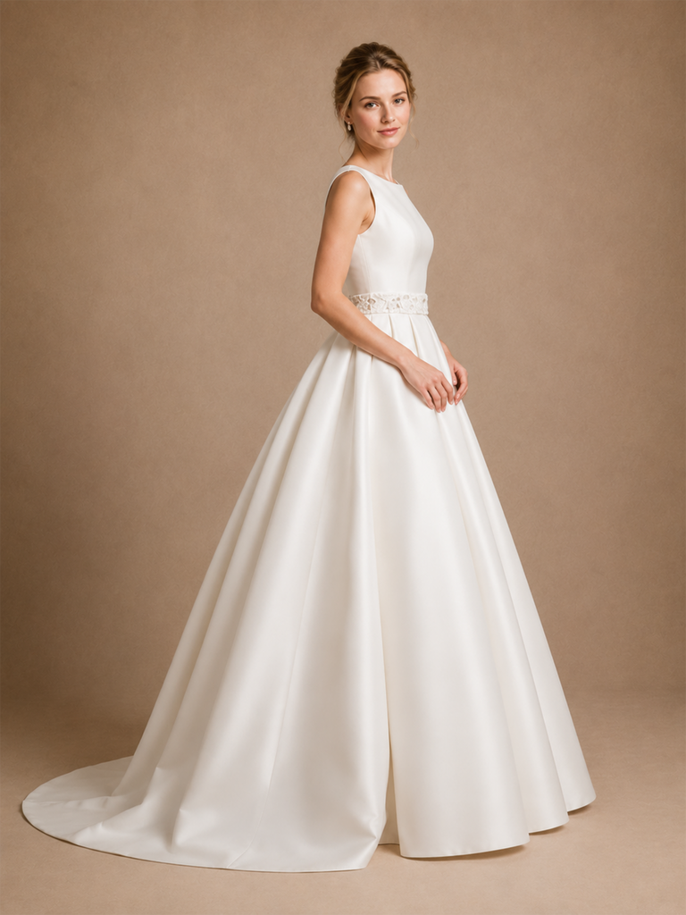 ChicSew Modern Jewel Sleeveless A-Line Satin Floor-Length Wedding Dresses With Lace Appliques
