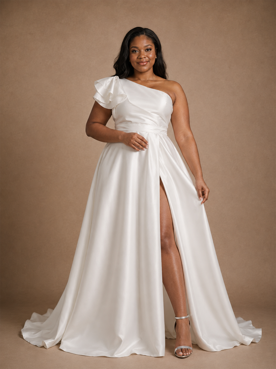 ChicSew Elegant One Shoulder A-Line Side Slit Floor-Length Wedding Dress