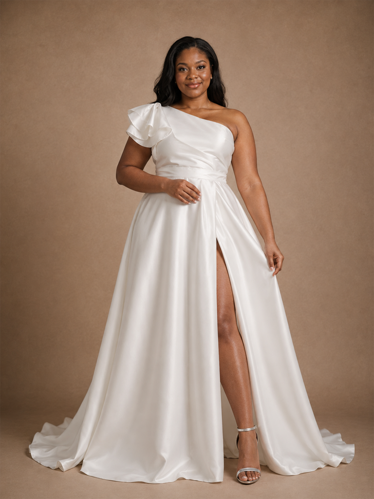 ChicSew Elegant One Shoulder A-Line Side Slit Floor-Length Wedding Dress