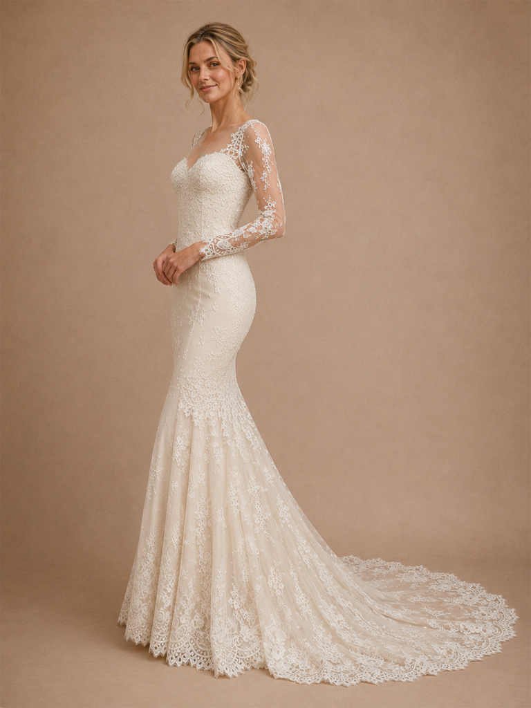 ChicSew Romantic Classy Sweetheart Lace Tulle Long Sleeves Mermaid Maxi Wedding Dresses