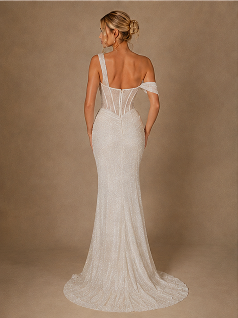 ChicSew Unique Asymmetric Sleeveless Boning Mermaid Glitter Tulle Maxi Wedding Dress