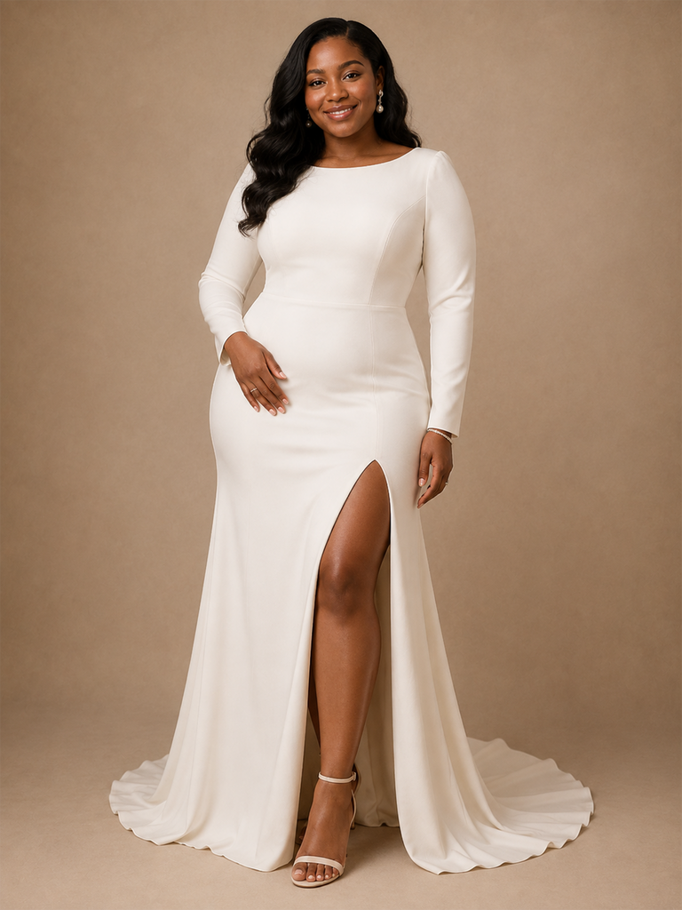 ChicSew Elegant Jewel Crepe Long Sleeves Mermaid Side Slit Maxi Wedding Dress