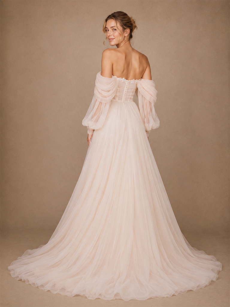 ChicSew Classy Sweetheart Boning 3/4 Sleeveless Tulle A-Line Maxi Long Wedding Dress