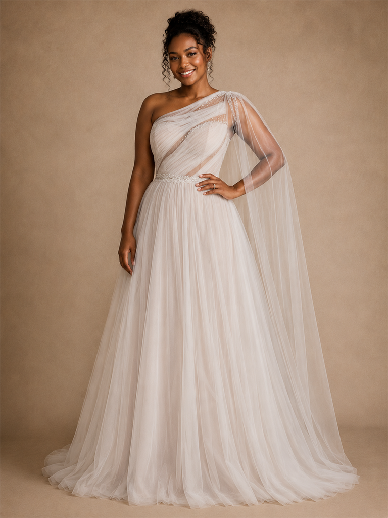 ChicSew Fancy One Shoulder A-Line Pleated Lace Tulle Maxi Wedding Dress With Cape