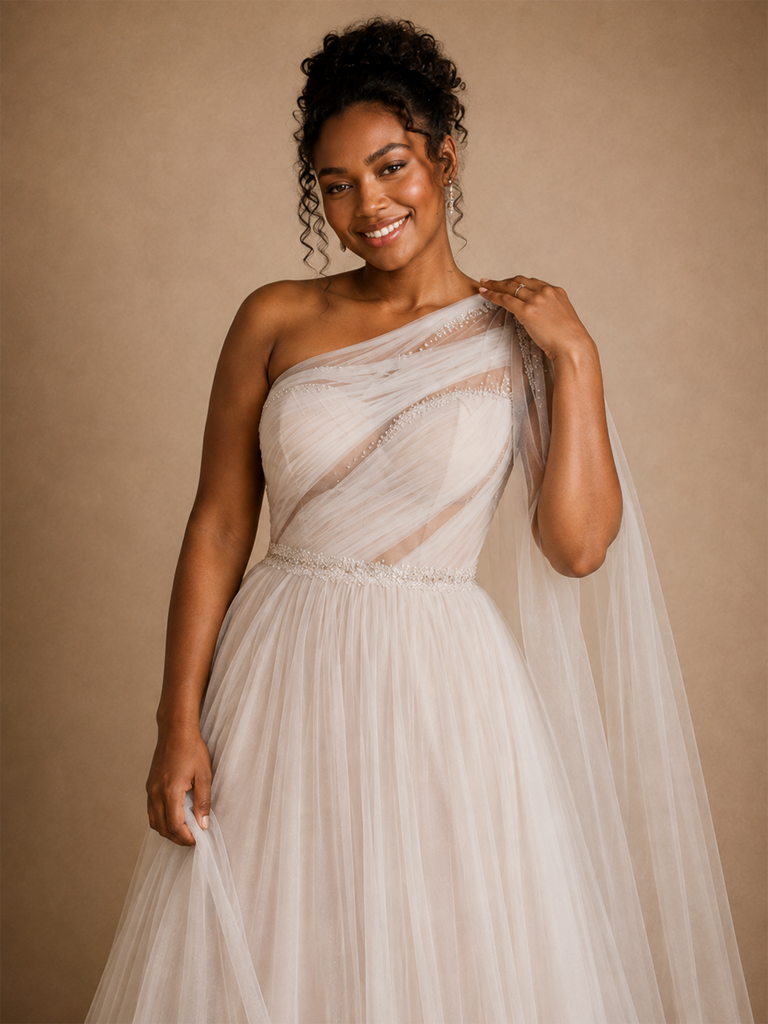 ChicSew Fancy One Shoulder A-Line Pleated Lace Tulle Maxi Wedding Dress With Cape