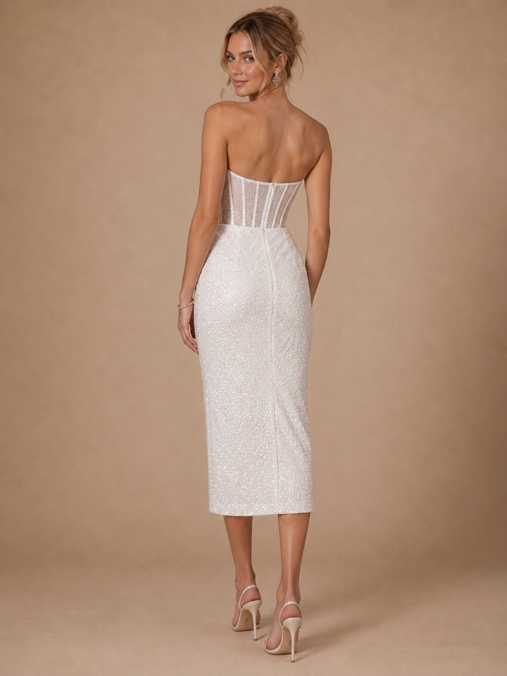 ChicSew Fancy Sweetheart Boning Sheath Sequin Tulle Tea-Length Wedding Dress