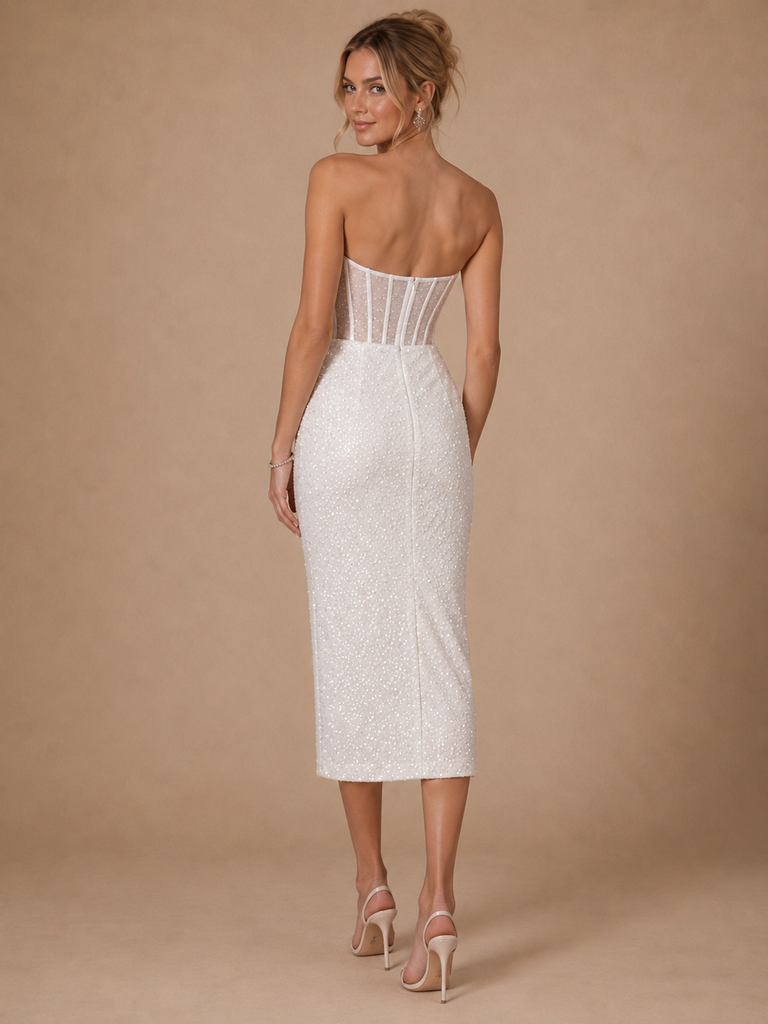 ChicSew Fancy Sweetheart Boning Sheath Sequin Tulle Tea-Length Wedding Dress