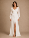 ChicSew Elegant Simple V-Neck Long Sleeves Chiffon Mermaid Long Wedding Dress