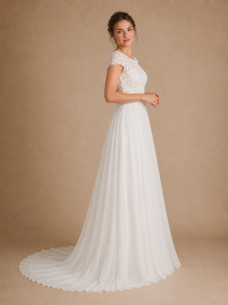 ChicSew Elegant Chiffon A-Line Lace Applique Cap Sleeves Maxi Wedding Dress