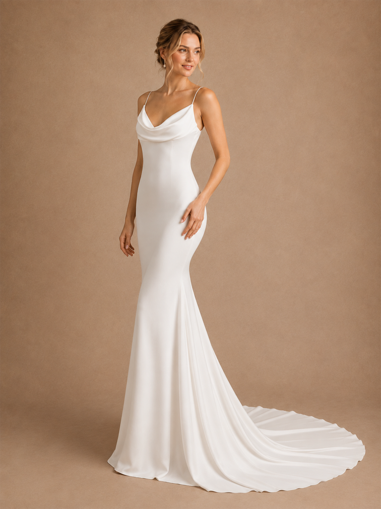 ChicSew Simple Spaghetti Straps Satin Mermaid Floor-Length Wedding Dress