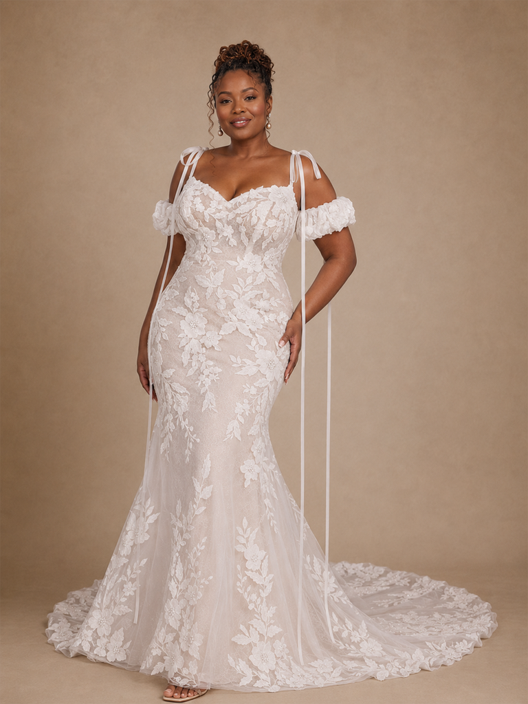 ChicSew Modern Unique Mermaid Cold Shoulder Lace Tulle Maxi Long Wedding Dress