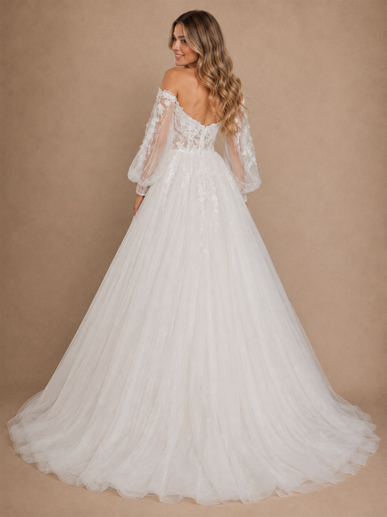 ChicSew Elegant V-Neck 3/4 Sleeves A-Line Tulle Floor-Length Wedding Dress With Lace Appliques