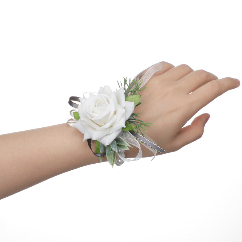 Mori Rose Bride and Groom Wrist Flower Brooch Wedding Sisters Group Hand Flower Groomsmen Group Corsage, CG61480