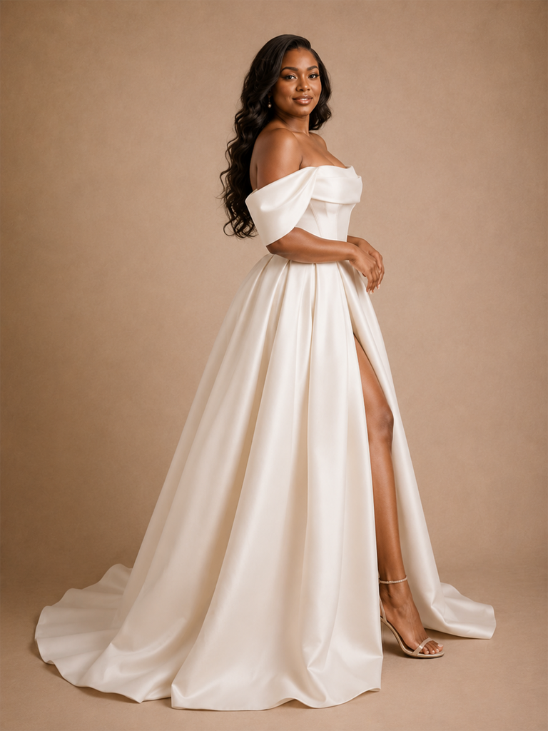 ChicSew Elegant Off The Shoulder Boning Sleeveless Long A-Line Satin Wedding Dress