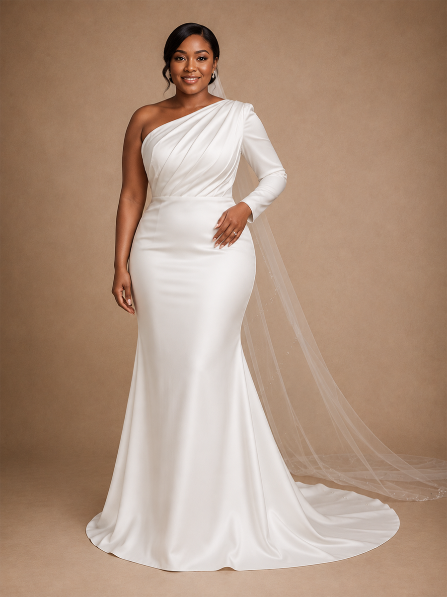 ChicSew Unique Asymmetric Ruching Long Sleeve Long Mermaid Satin Wedding Dress