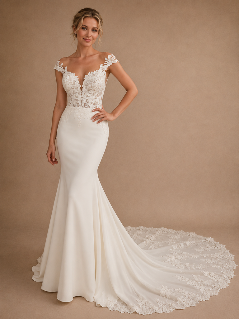 ChicSew Sexy V-Neck Mermaid Lace Crepe Off Shoulder Maxi Wedding Dress