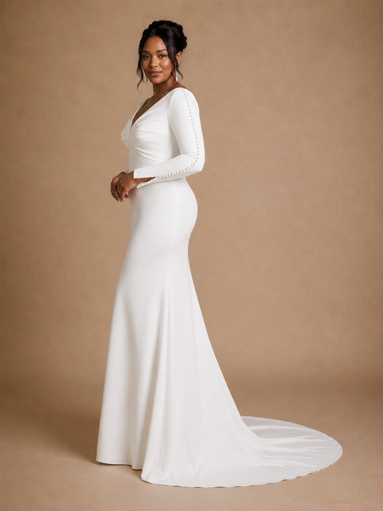 ChicSew Elegant Unique V-Neck Mermaid Crepe Long Sleeves Maxi Long Wedding Dress With Button