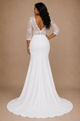 ChicSew Elegant Mermaid V-Neck 3/4 Sleeves Slit Lace Crepe Floor-Length Wedding Dress