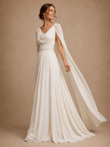 ChicSew Elegant Unique V-Neck Ruching Long Sleeves Chiffon A-Line Long Wedding Dress