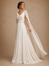ChicSew Elegant Unique V-Neck Ruching Long Sleeves Chiffon A-Line Long Wedding Dress