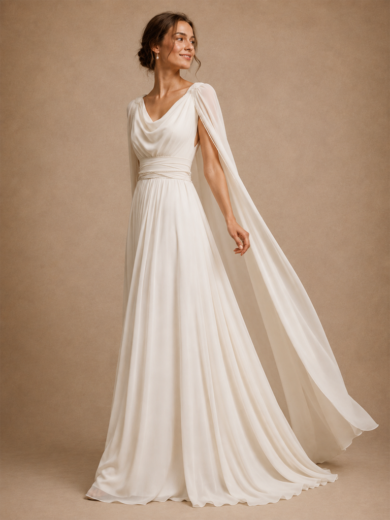 ChicSew Elegant Unique V-Neck Ruching Long Sleeves Chiffon A-Line Long Wedding Dress