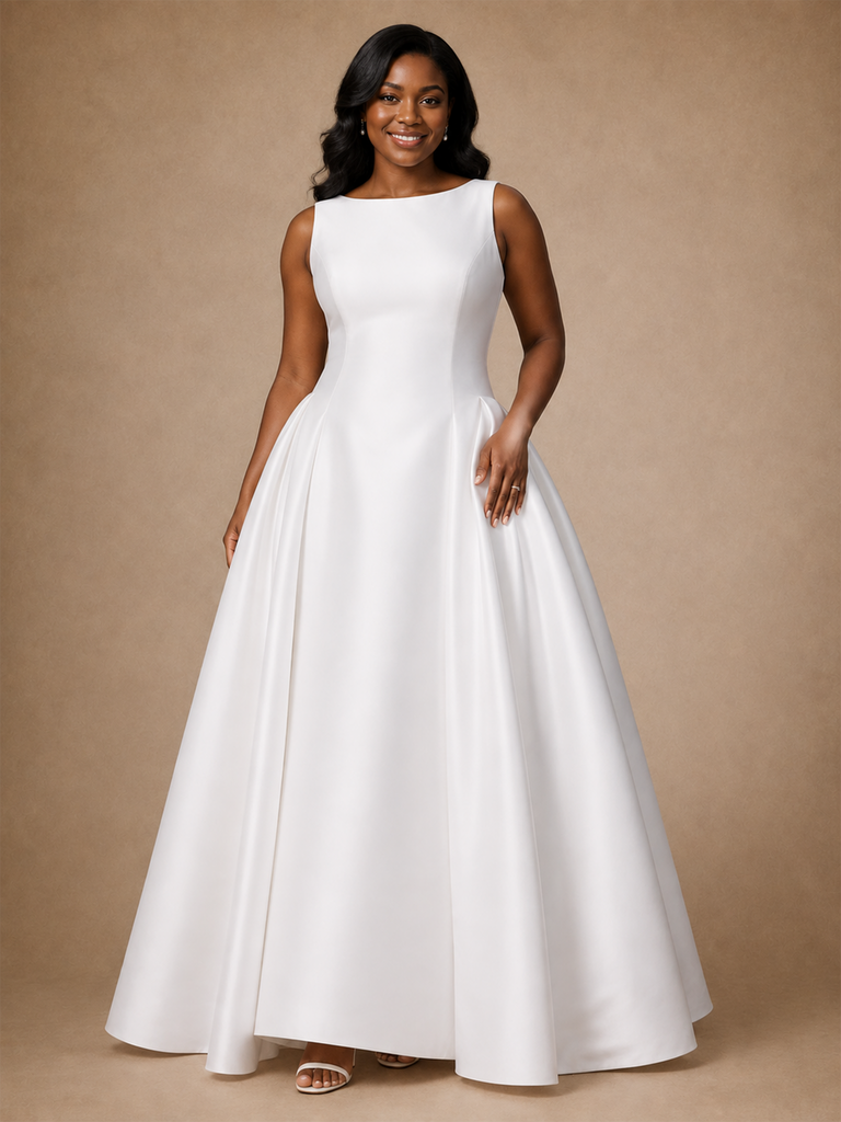 ChicSew Classy Elegant Satin Sleeveless A-Line Floor-Length Wedding Dress