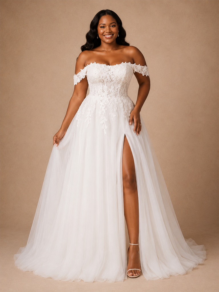 ChicSew Elegant Lace Tulle A-Line Side Slit Off The Shoulder Floor-Length Wedding Dress