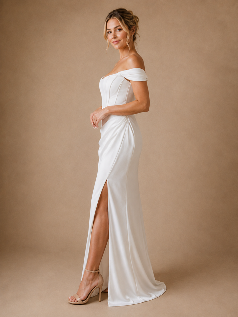 ChicSew Modern Off Shoulder Boning Satin Ruching Long Mermaid Wedding Dress