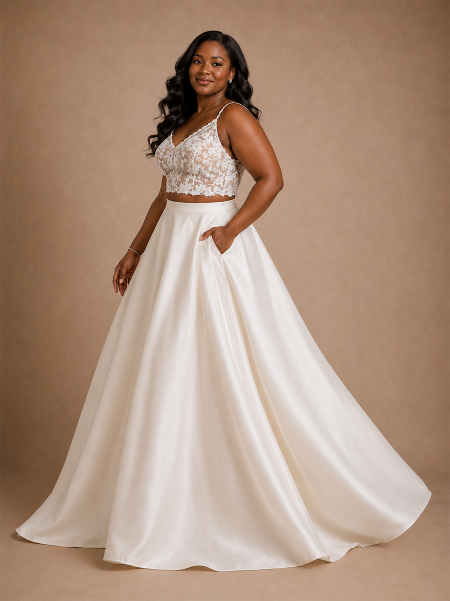 ChicSew Beautiful Two‑Piece Spaghetti Straps Lace Applique Satin A-Line Floor-Length Wedding Dress