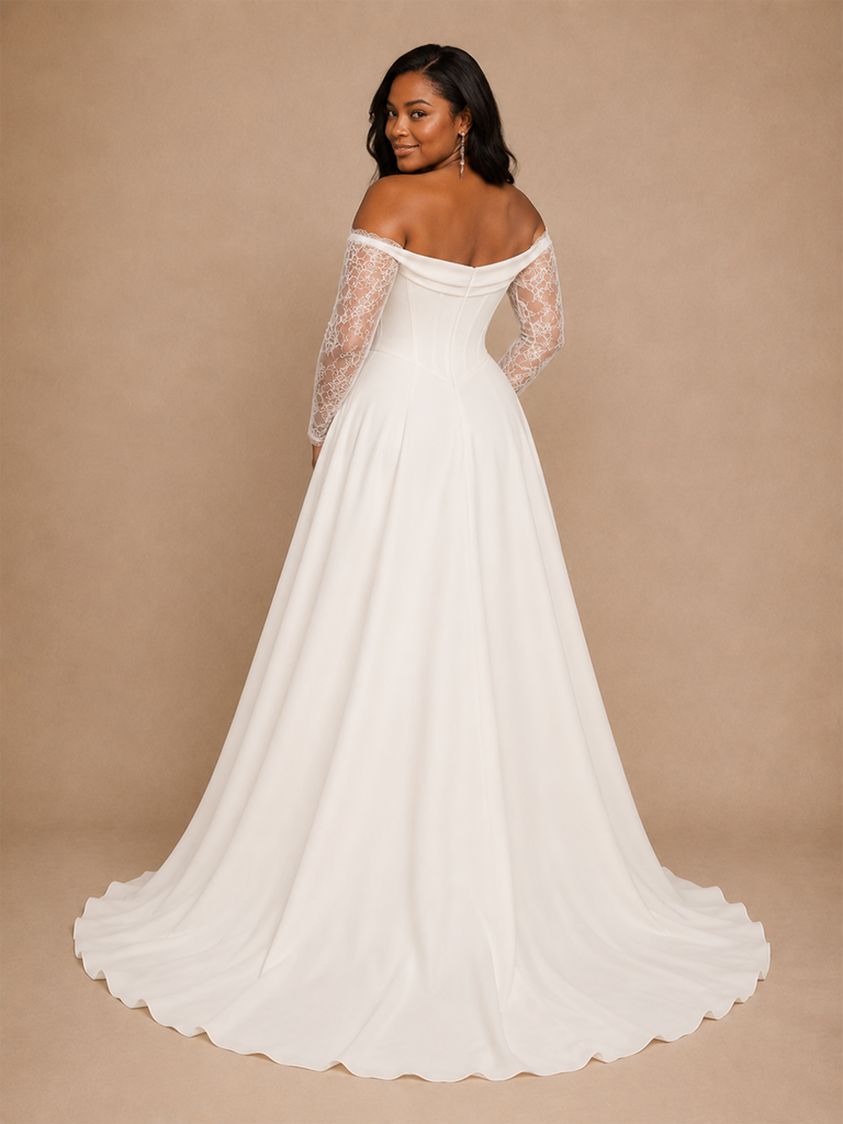 ChicSew Classy Sweetheart Chiffon Long Lace Sleeves Side Slit A-Line Floor-Length Wedding Dress