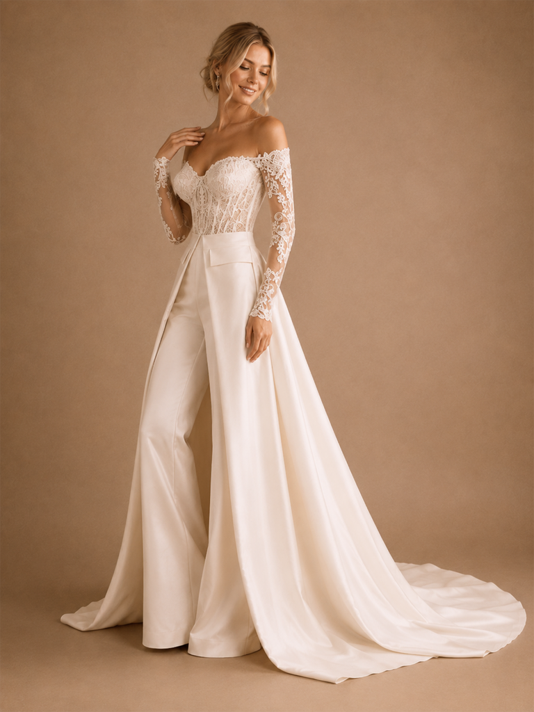 ChicSew Modern Sweetheart Long Sleeve Lace Satin Maxi Wedding Jumpsuit With Overskirt